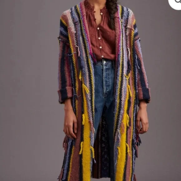 Anthropologie Multicolor Striped Cardigan Boho Chic Chunky Knit Bohemian Layer - Picture 2 of 14